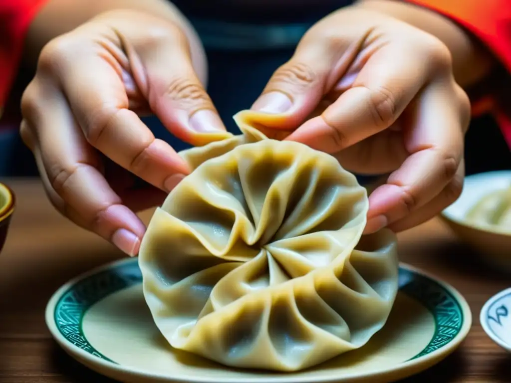 Arte culinario: manos expertas crean dumplings chinos con henna Un hermoso intercambio culinario entre Asia y Europa: manos expertas crean un dumpling chino con henna vibrante