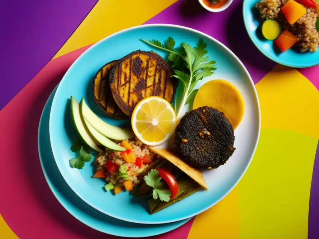 Un hermoso plato de fusión caribeña, influencias culinarias caribeñas de hoy, con una presentación vibrante y colorida