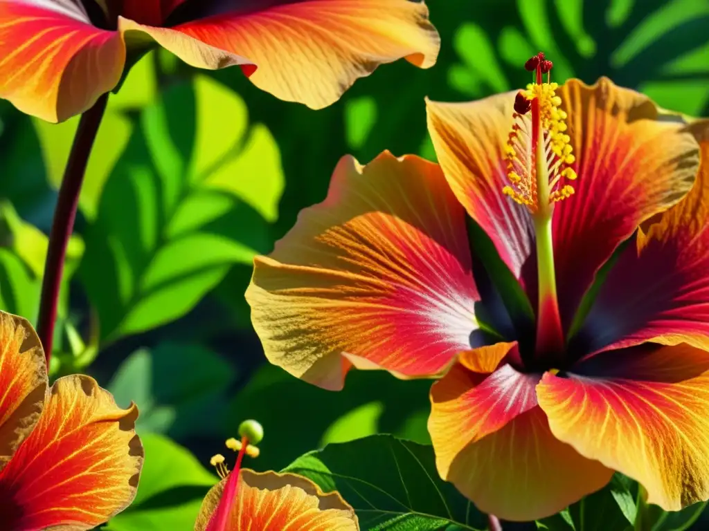 Hermosos hibiscos rojos en la luz dorada, detalles intrincados de pétalos y hojas verdes