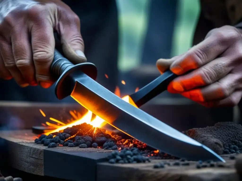 Un herrero forjando una réplica de cuchillo medieval sobre brasas ardientes