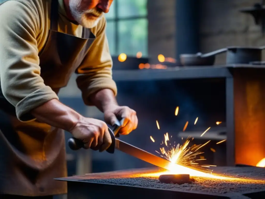 Un herrero forja un utensilio de cocina en su taller iluminado por el fuego, fusionando tradición y Revolución Industrial gastronomía cambio cultural