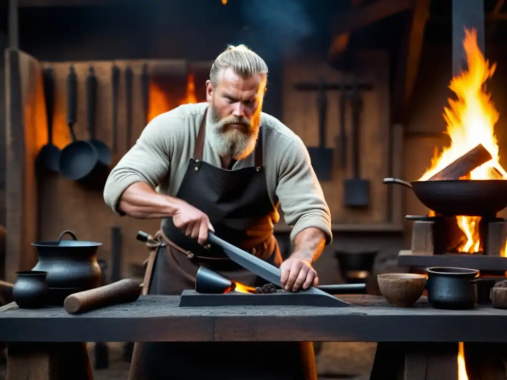 Un herrero vikingo forja un utensilio de cocina rodeado de herramientas e ingredientes, mostrando la historia de la cocina vikinga