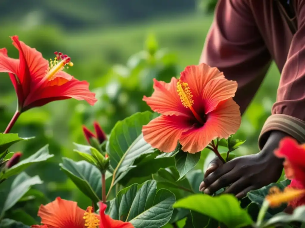 Recolecta de hibiscos rojos en África para la fermentación, tradiciones culinarias