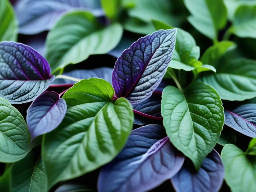 Hierbas silvestres cocina Armenia: Detalle vibrante de menta armenia y albahaca morada con gotas de agua, iluminadas por el sol