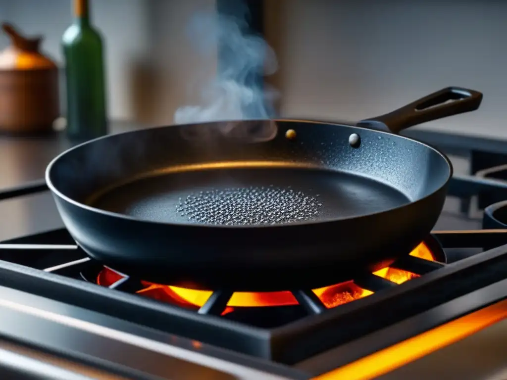 Una sartén de hierro fundido con brillo negro, sazonada a la perfección, sobre una estufa de gas