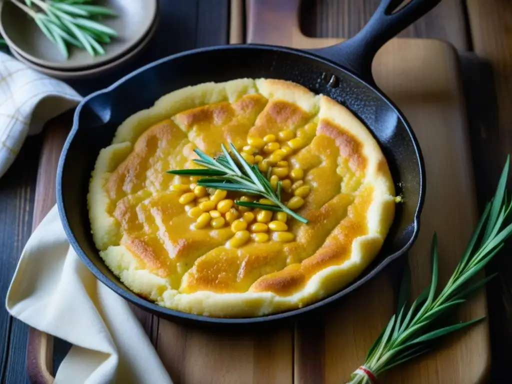 Una sartén de hierro fundido con masa de pan de maíz burbujeante, maíz dorado y mantequilla derretida, rodeada de utensilios vintage