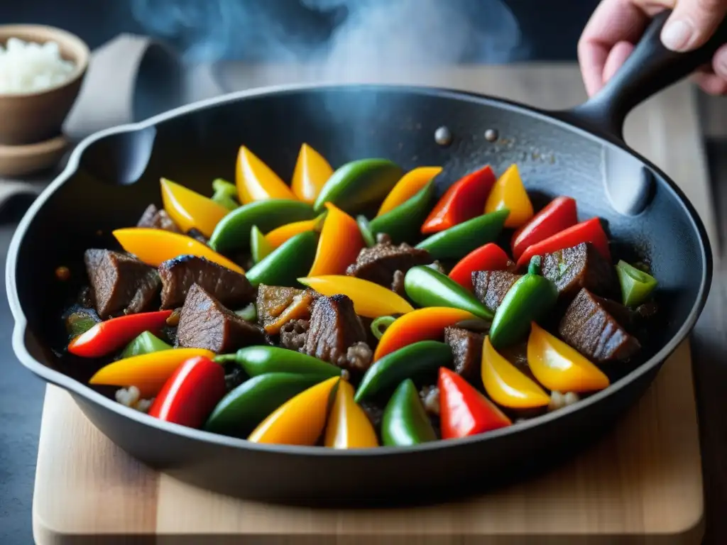 Una sartén de hierro fundido con pimientos, cebollas y carne cocinándose, mostrando detalles y colores vibrantes