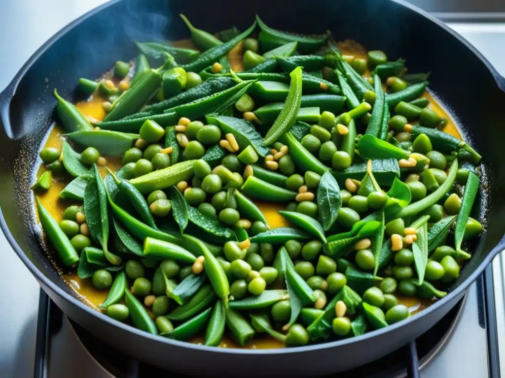 Sartén de hierro fundido con sabores sureños Una sartén de hierro fundido sazonada con ingredientes vibrantes, reflejando la influencia de la gastronomía africana en el sur de Estados Unidos