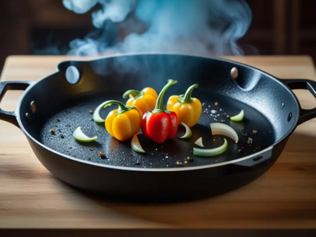 Sartén de hierro fundido: cocina europea revolucionaria Sartén de hierro negro con cebollas, ajo y pimientos, reflejo de la Gastronomía europea Revolución Industrial