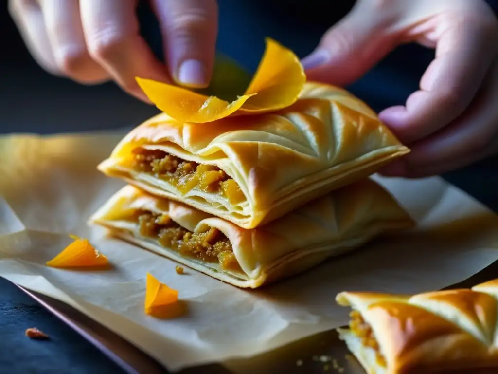 Apilando hilos de azafrán sobre baklava persa recién horneada