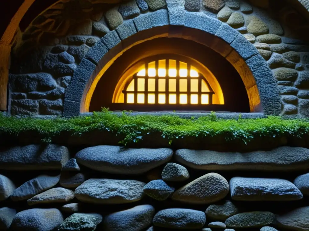 Explora la historia en las antiguas bodegas de Europa con esta pared de piedra cubierta de musgo iluminada por la tenue luz natural