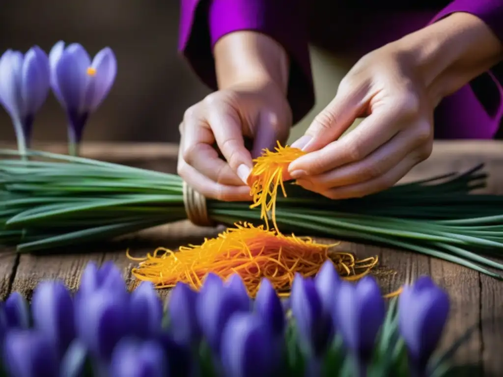 Historia del cultivo de azafrán: Detalle de la recolección manual de hilos de azafrán de flores de color púrpura intenso