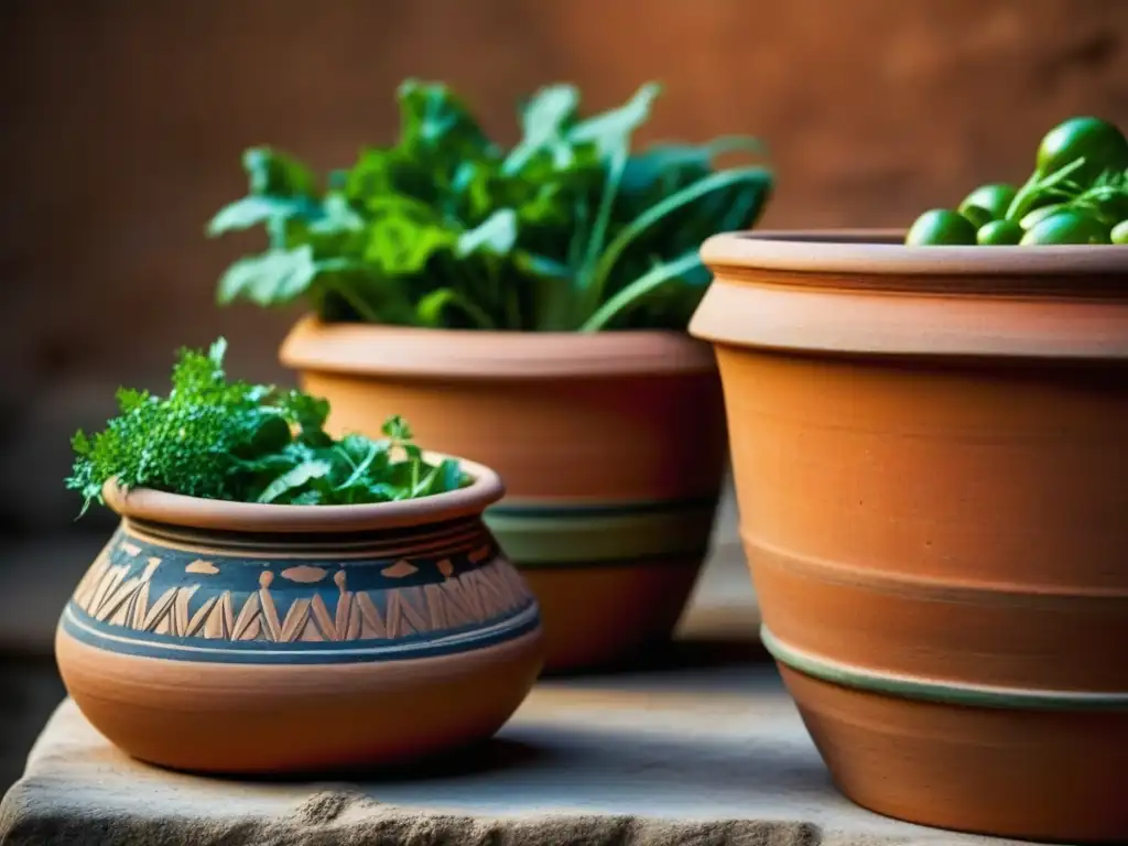 Historia y cultura en terracota con vegetales orgánicos recién cosechados