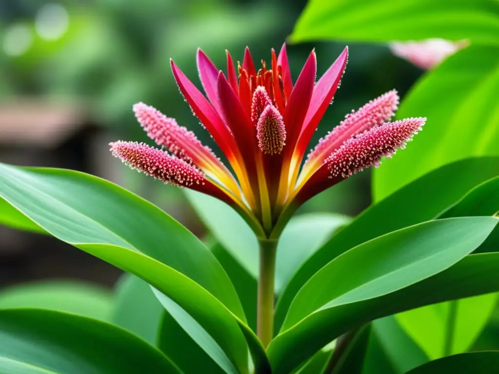 Una historia de jengibre en África: Detalle de una flor de jengibre rojo entre hojas verdes, en un mercado africano