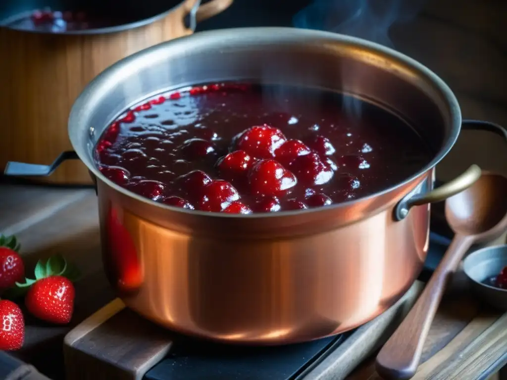 Una historia de mermeladas: antigua olla de cobre con fresa roja brillante hirviendo lentamente sobre el fuego, evocando la cultura de la confitura