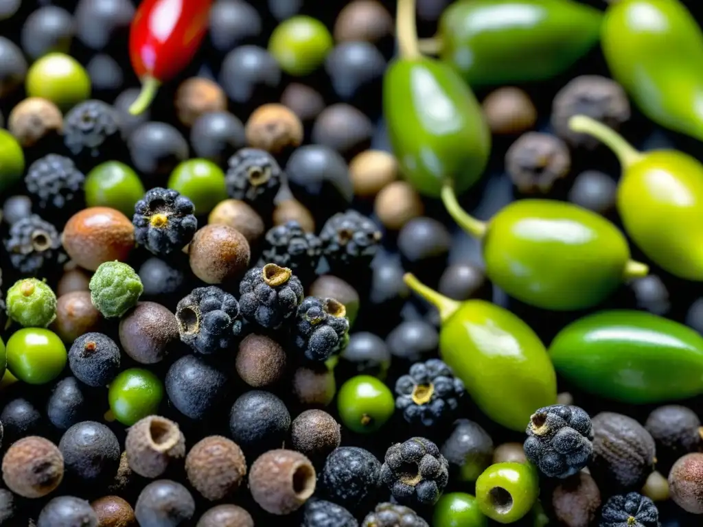 Una historia de la pimienta negra en la cocina: macro de granos en diferentes etapas de maduración y secado, con colores vibrantes y texturas