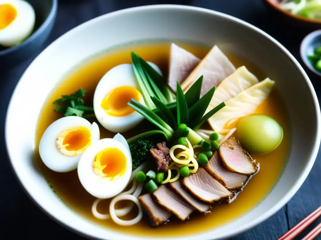 Deléitate con la historia del ramen en Japón a través de esta imagen detallada de un tazón de ramen tradicional japonés, con todos sus ingredientes