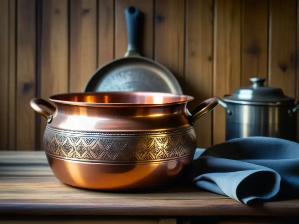 Un histórico y detallado equipamiento culinario en la historia: una olla de cobre vintage con grabados, sobre una mesa de cocina de madera envejecida