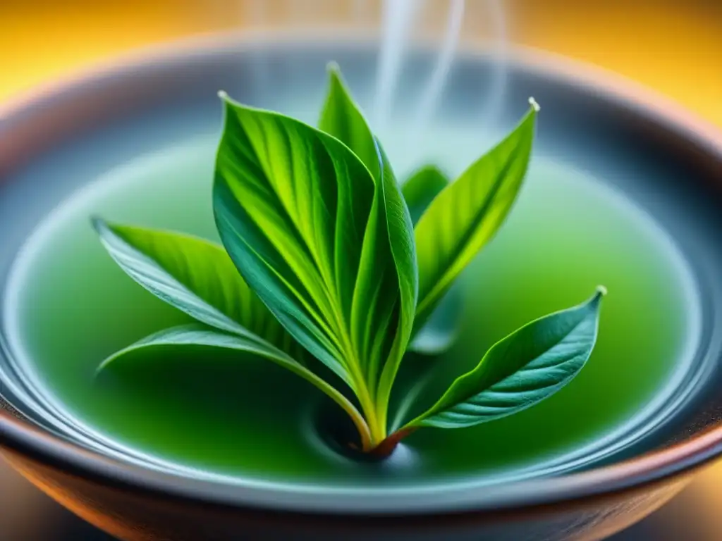 Una hoja de té se despliega en agua caliente, mostrando sus detalles y color verde vibrante