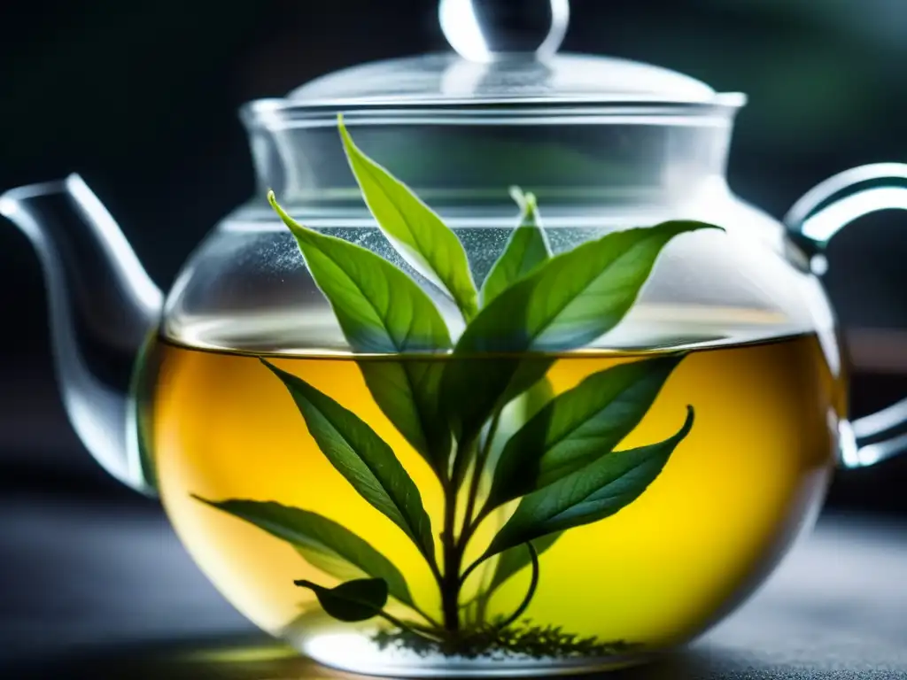Danza de té: hojas delicadas desplegándose en infusión Hoja de té desplegándose en infusión caliente en tetera transparente