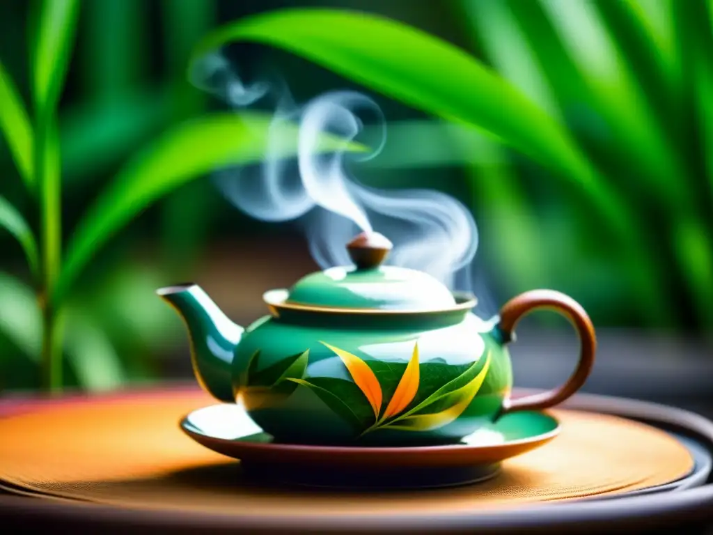 Una hoja de té delicada se despliega en una tetera china, en una escena de calidez y tranquilidad