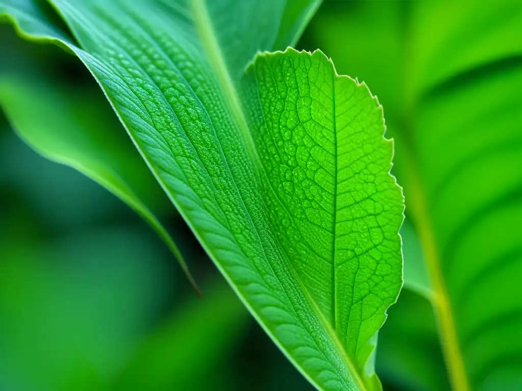 Hoja de wasabi con gota de agua, reflejando luz natural