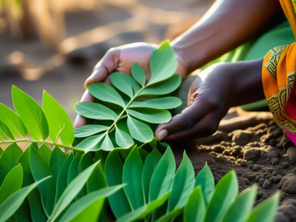 Recogiendo una hoja de moringa verde vibrante en una aldea india, mostrando la esencia y beneficios de la moringa superfood historia