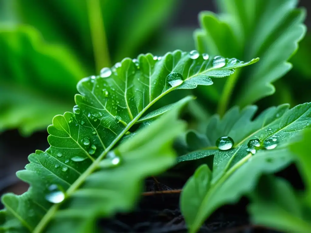 Hoja de rúcula verde vibrante con gotas de rocío bajo la luz matutina