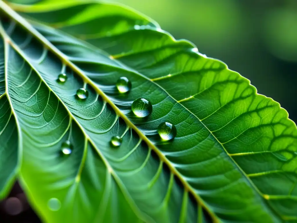 Hoja vibrante de olivo antiguo con patrones de venas y gotas de rocío al sol, simbolizando el poder antioxidante de plantas históricas