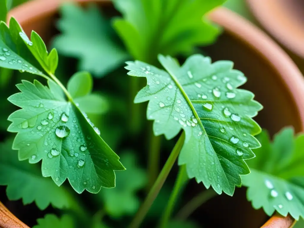 Hojas de cilantro fresco brillantes con gotas de rocío bajo la luz matutina