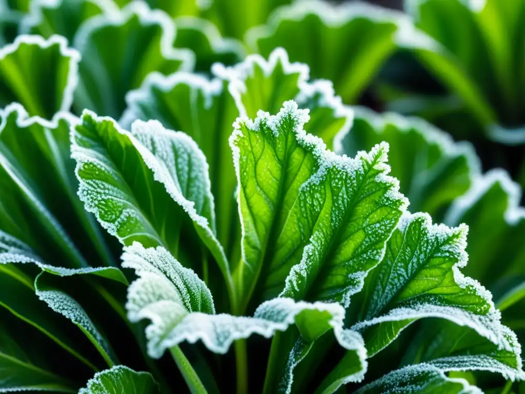 Hojas de lechuga cubiertas de escarcha en invernaderos para cultivar verduras en el norte