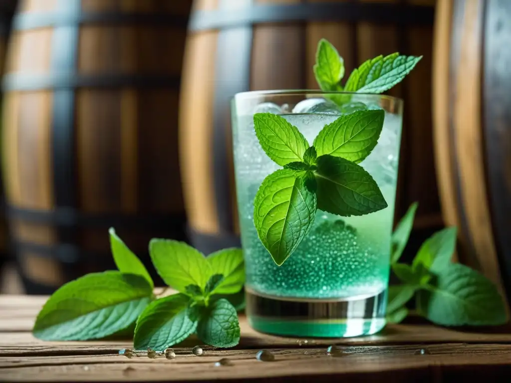 Hojas de menta fresca con gotas de agua, venas detalladas y tonos verdes vibrantes en destilería caribeña, evocando historia mojito raíces caribeñas