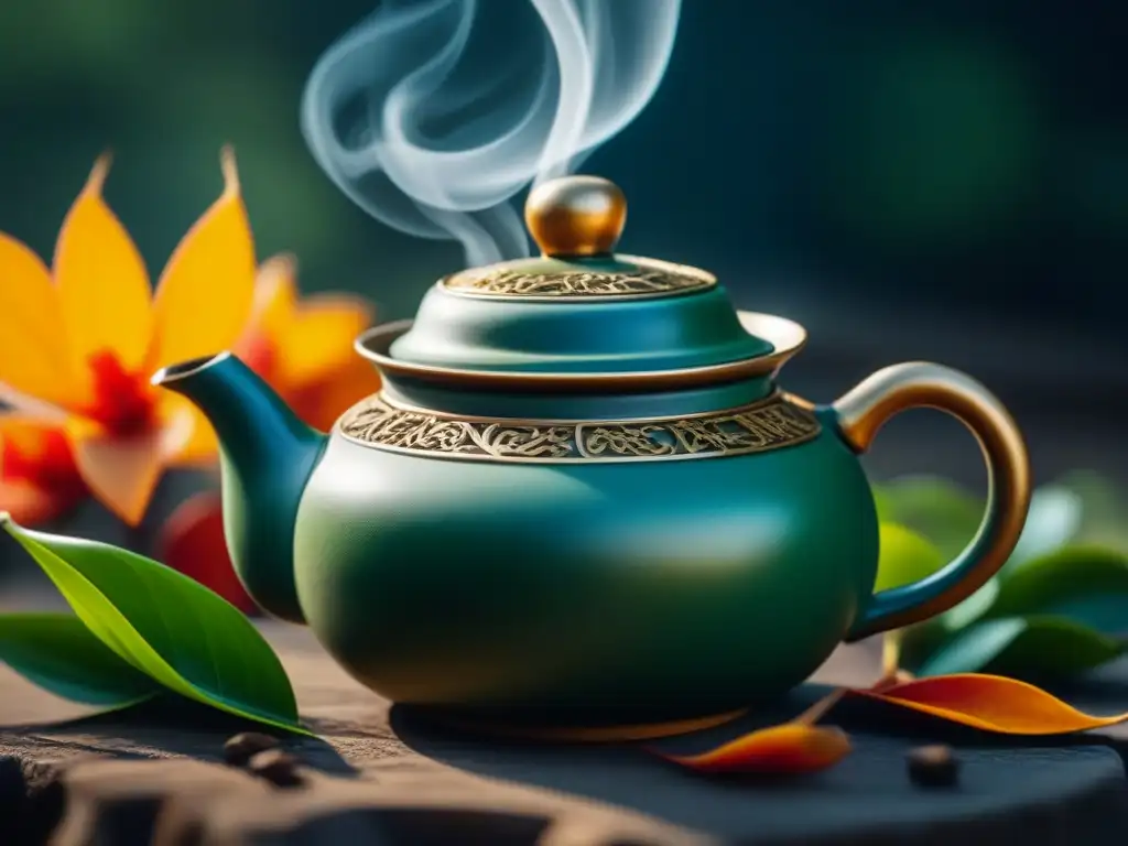 Hojas de té desplegándose en tetera china, evocando la expansión global del té y su impacto cultural