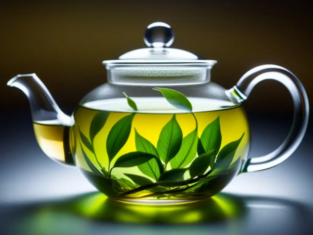 Las hojas de té se despliegan en una tetera de vidrio con agua caliente, mostrando la preparación perfecta del té historia