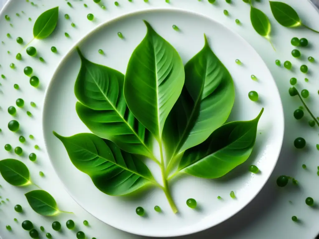 Hojas de moringa verde brillante en plato blanco, resaltando su frescura y sofisticación culinaria