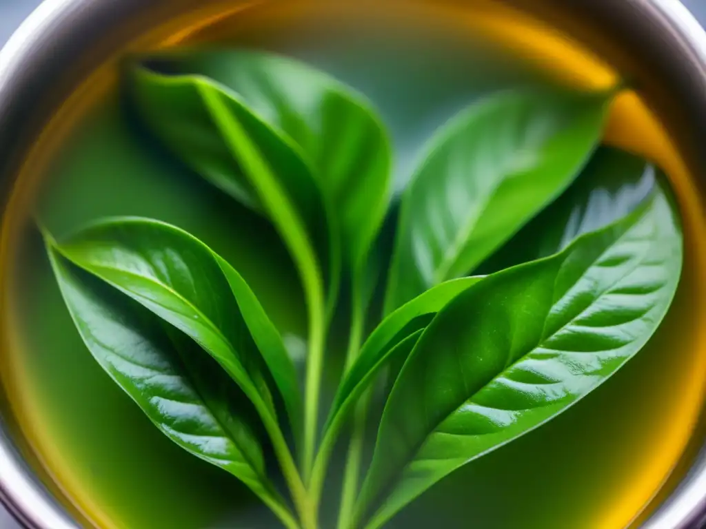 Hojas de té verde vibrantes desplegándose en agua hirviendo, mostrando la historia y revolución del té en América