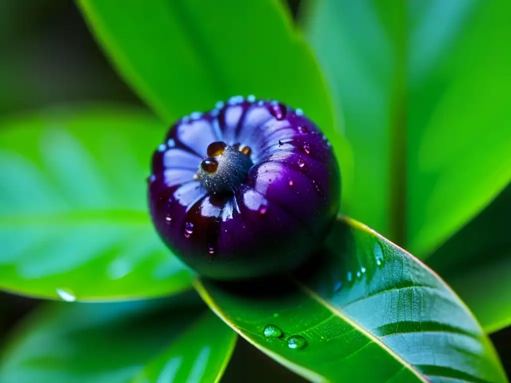 Exótica açaí morada sobre hojas verdes en Amazonía, reflejando luz solar