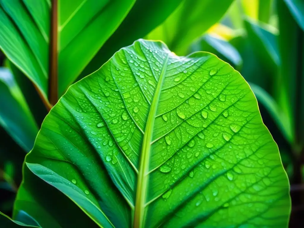 Hojas verdes de taro brillantes con rocío matutino, destacando sus venas y texturas