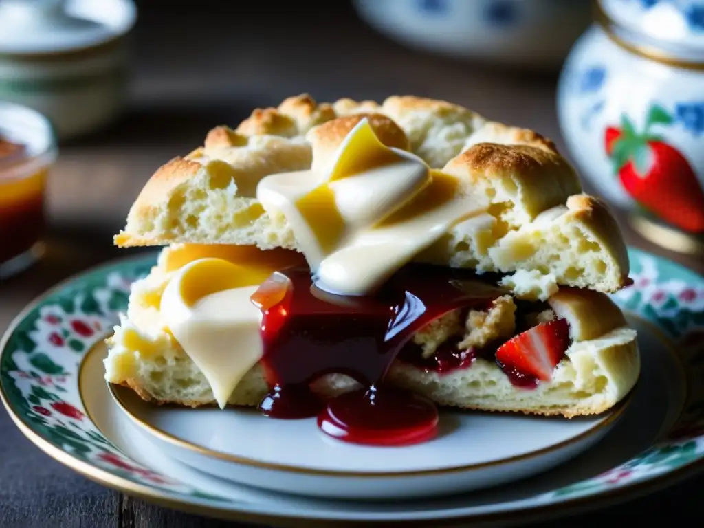 Un scone recién horneado se parte en dos, revelando su esponjosa textura con vapor, crema y mermelada en un plato vintage