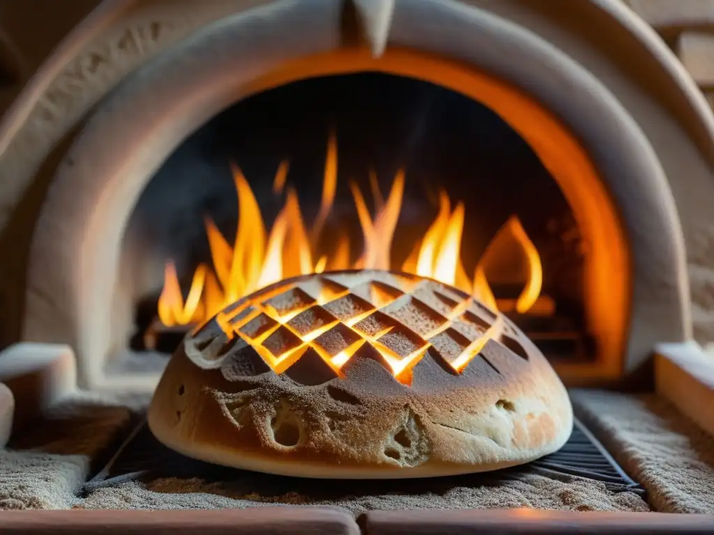 Un horno de barro ancestral hornea pan con símbolos de fuego y sustento, reflejando técnicas de cocción en hornos