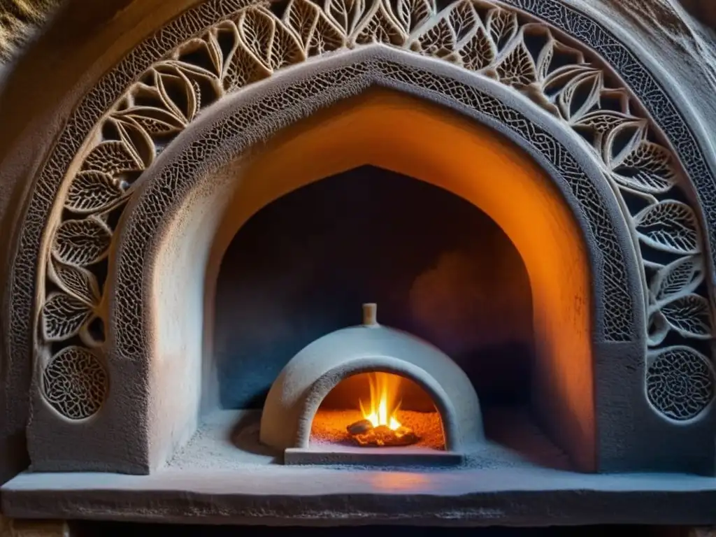 Un horno de barro persa, brillando con calor intenso mientras se cocinan panes tradicionales