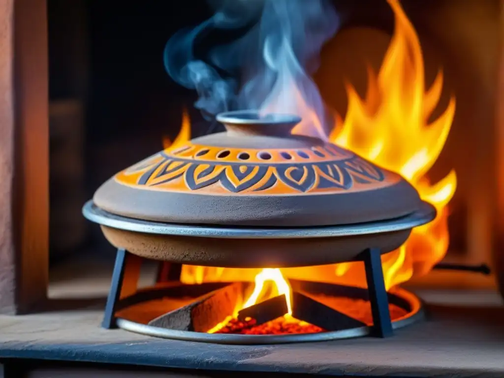 Un horno de barro tradicional de Asia Central ardiendo con llamas, iluminando la cocina rústica con un cálido resplandor anaranjado