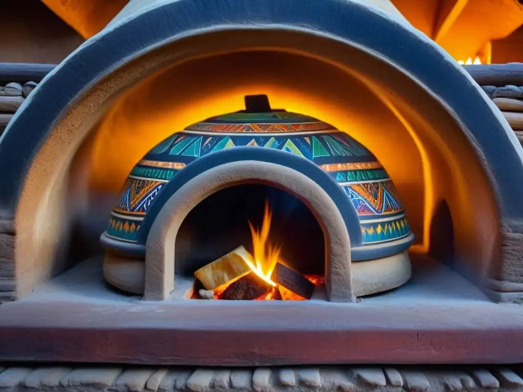 Un horno de barro tradicional de Asia Central, decorado con patrones geométricos, hornea pan