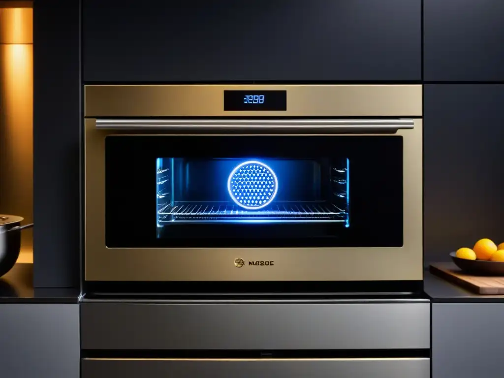 Un horno inteligente futurista en una cocina moderna seleccionando una receta histórica en su pantalla digital