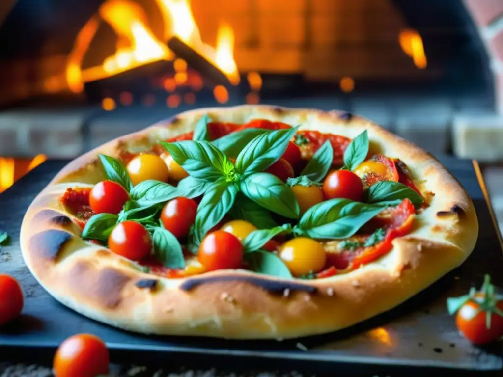 Del horno de leña emerge una pizza napolitana perfectamente horneada, con queso burbujeante y colores frescos de tomate y albahaca