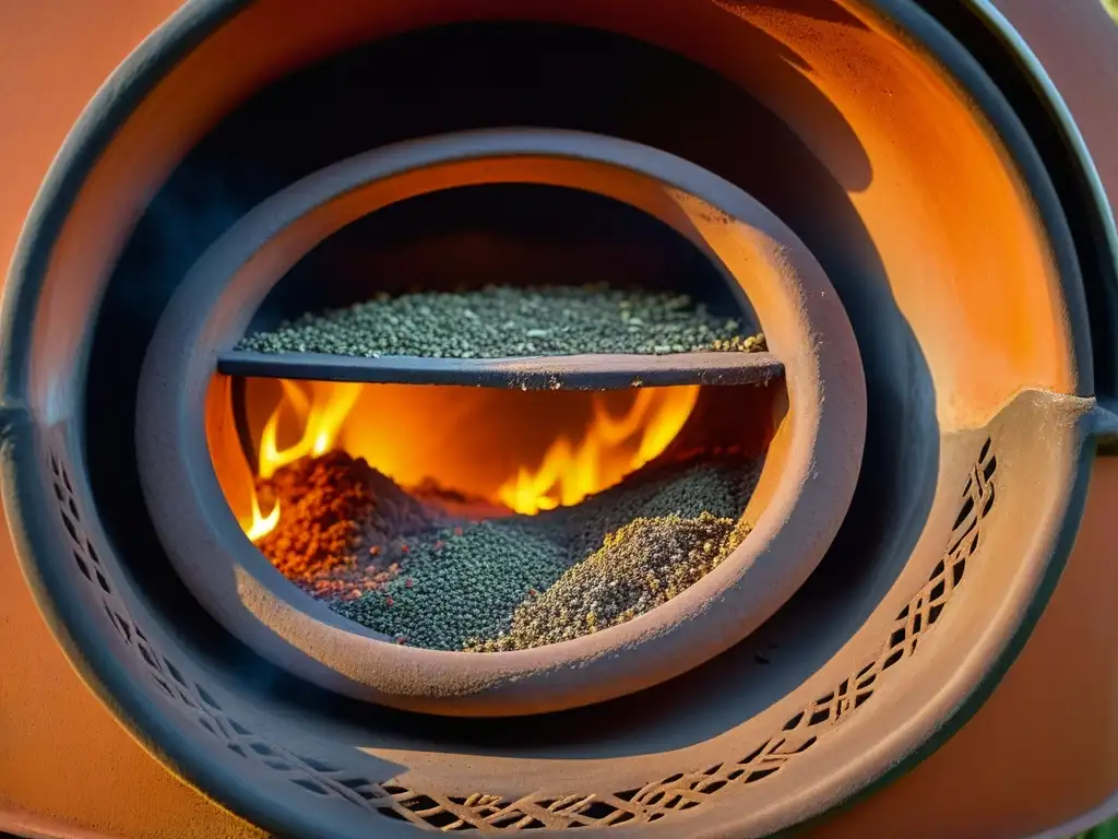 Un horno tandoor de arcilla con especias y humo aromático, evocando la tradición culinaria surasiática