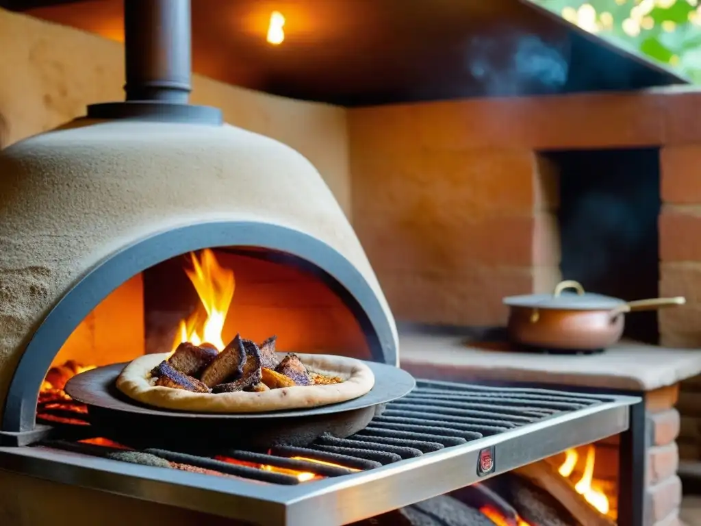 Arte culinario: Tandoor en cocina punjabi Un horno tandoor tradicional en una bulliciosa cocina punjabi, con detalles de arcilla, marcas de quemaduras y restos de naan