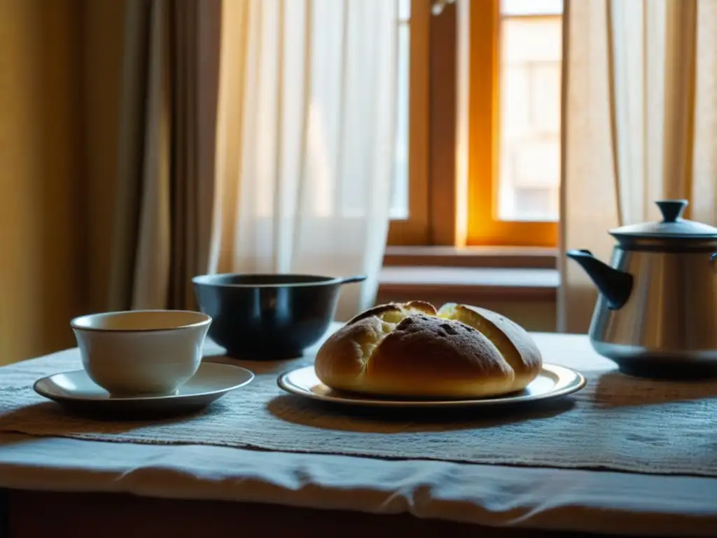 En una humilde cocina rusa en período soviético, manos trabajan la masa para pelmeni junto a una mesa iluminada por una tenue luz cálida