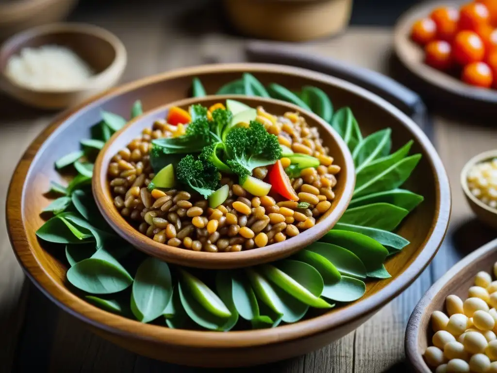 Una humilde dieta monástica medieval en un tazón de madera con granos, legumbres y verduras frescas, reflejando la vida sostenible en un monasterio