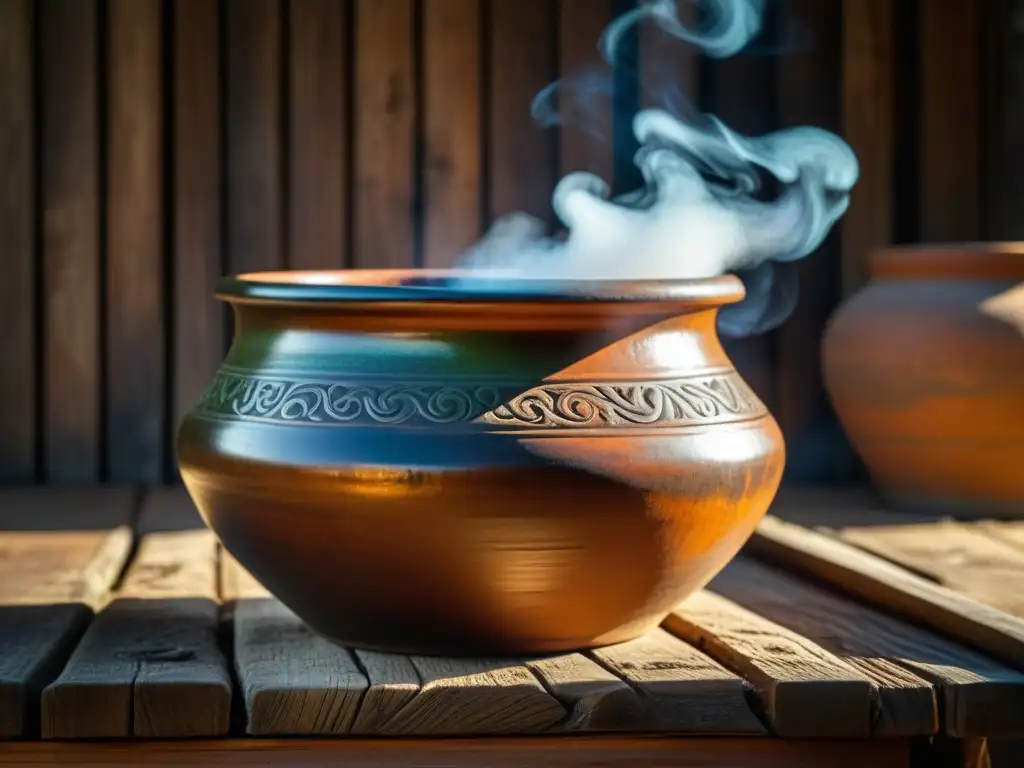 Un icónico utensilio de cocina histórico: una olla de barro envejecida, llena de guiso burbujeante y aromático en una mesa rústica